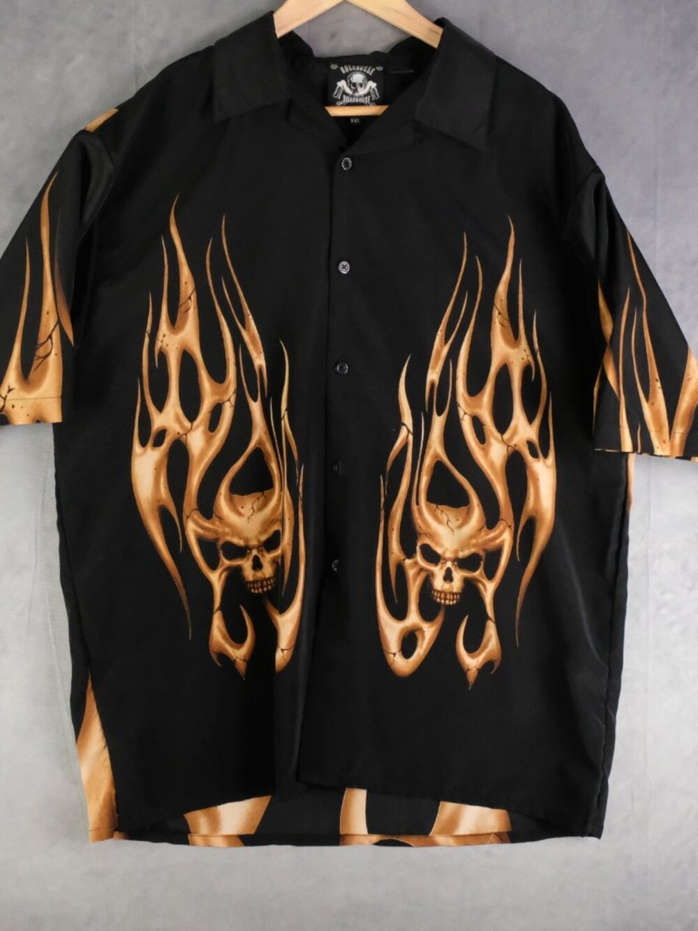 Rockhouse Roadhouse Shirt Mens Xxl 2Xl Black Brown Flames Skull Button Up Camp